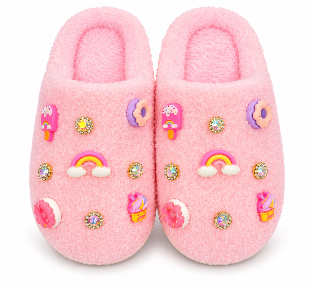 Bari Lynn Pink Sweet Charm Slipper with colorful charms and rhinestone accents