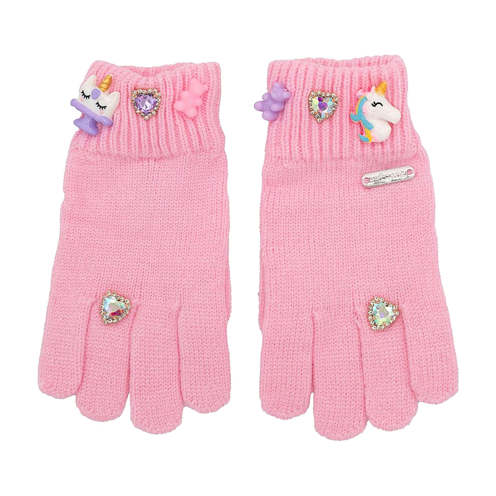 Bari Lynn pink girls gloves with unicorn charms, gummy bears, and heart jewels