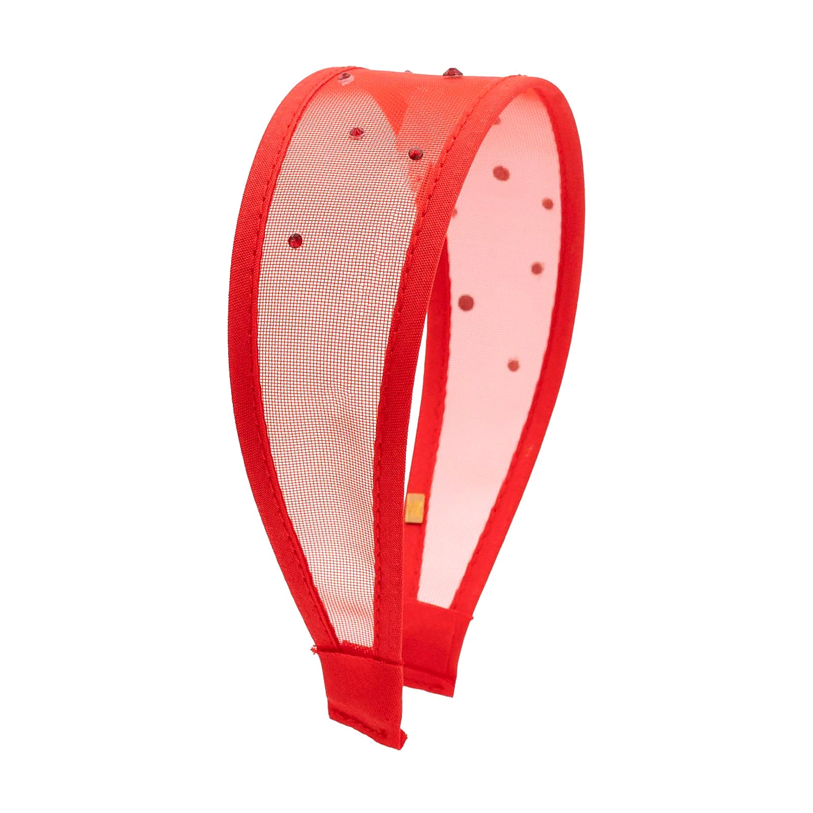 A tween girl red mesh headband with red trim and small red rhinestone embellishments, shown on a plain white background.
