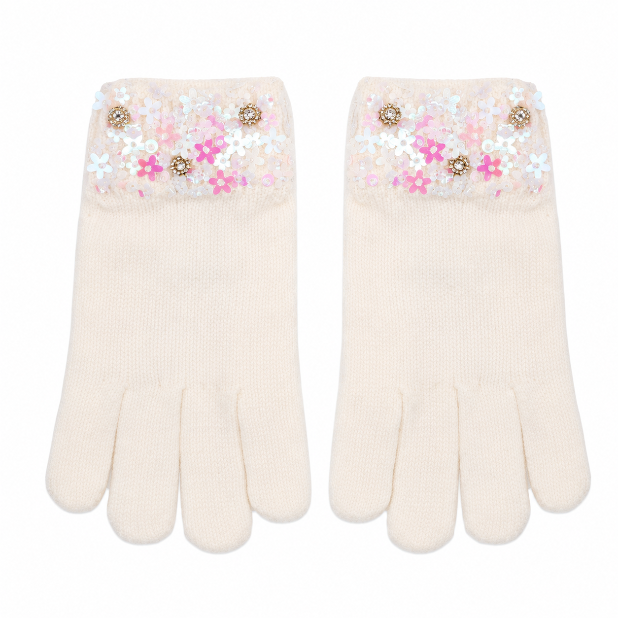 A pair of kids cream-colored knit gloves by Bari Lynn with decorative floral sequin embellishments and rhinestone accents on the cuffs, displayed against a solid white background.
