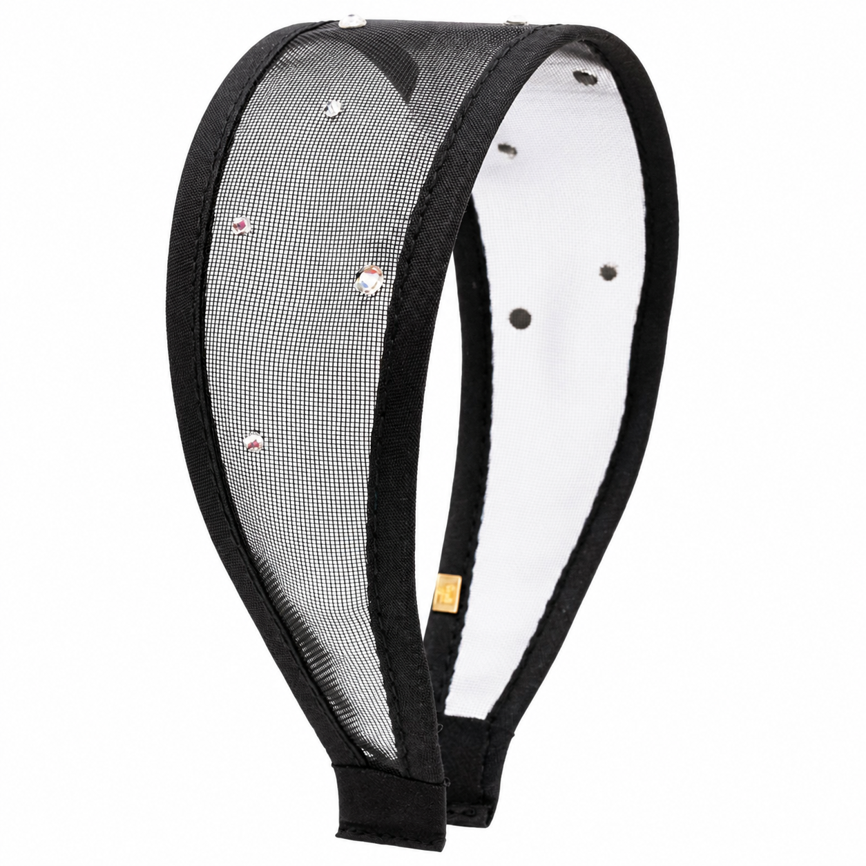 A tween girls black mesh headband with a black fabric trim and small rhinestone embellishments, shown on a plain white background.