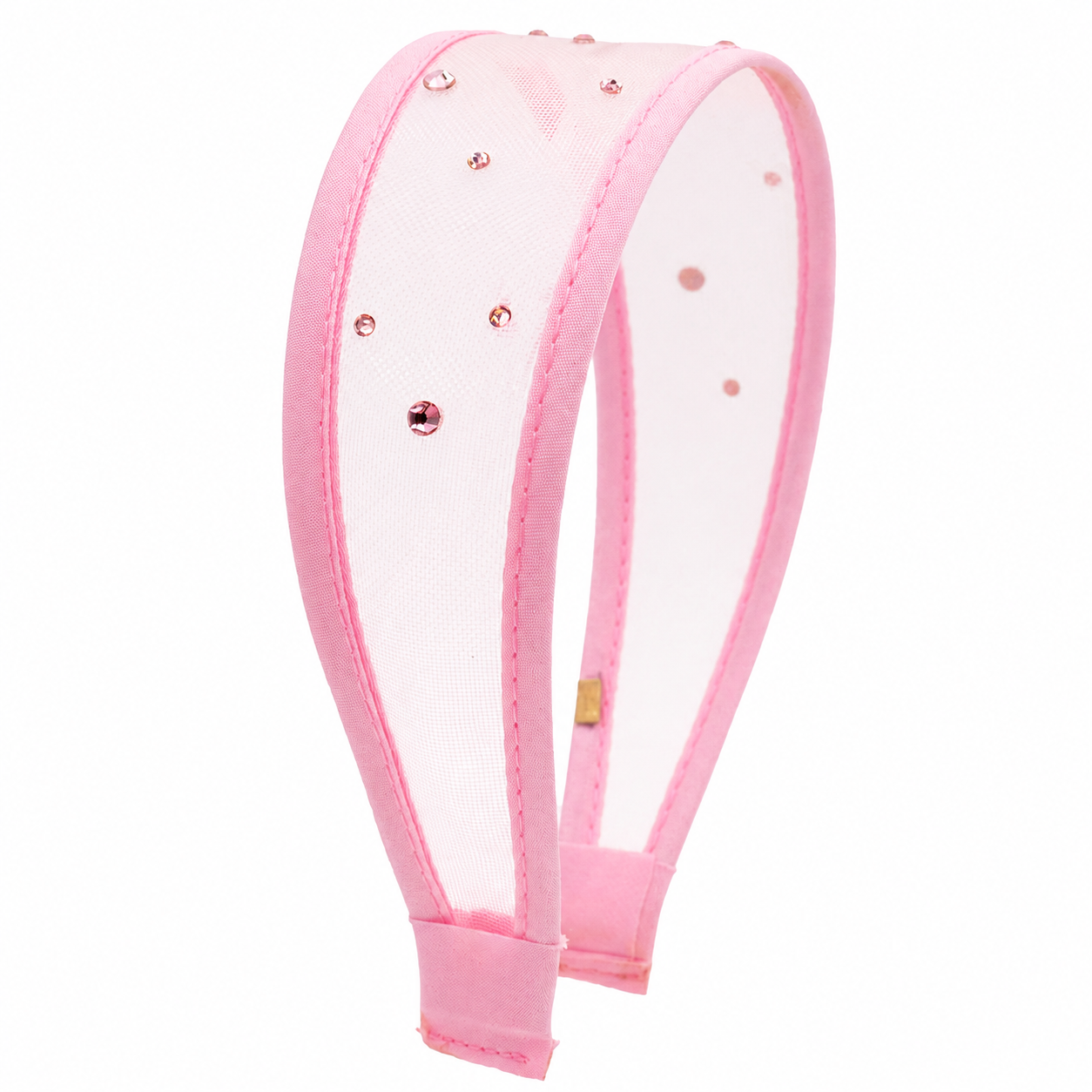 A tween girls light pink headband featuring a sheer mesh center panel decorated with small rose gold rhinestones, shown against a plain white background.