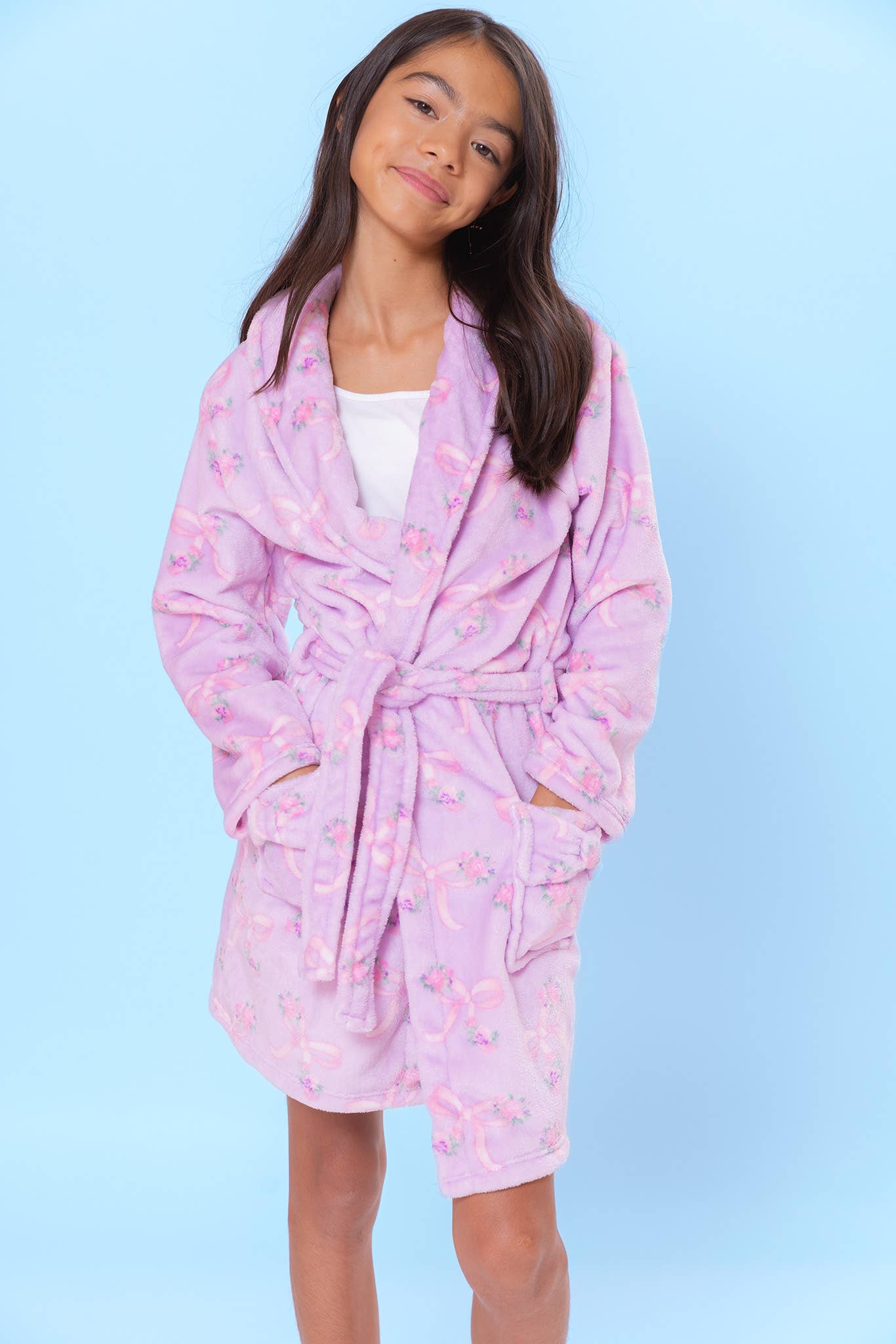 Fleece Bath Robe: Orchid Floral Bow Print