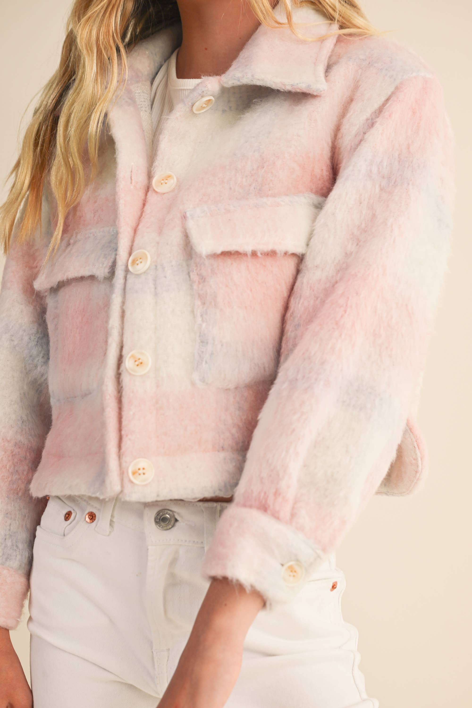 Heart & Arrow Tween Cropped Jacket- Pink Plaid
