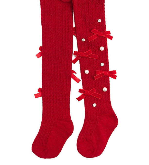 Sweet Wink Red Velvet Bows + Pearls Tights