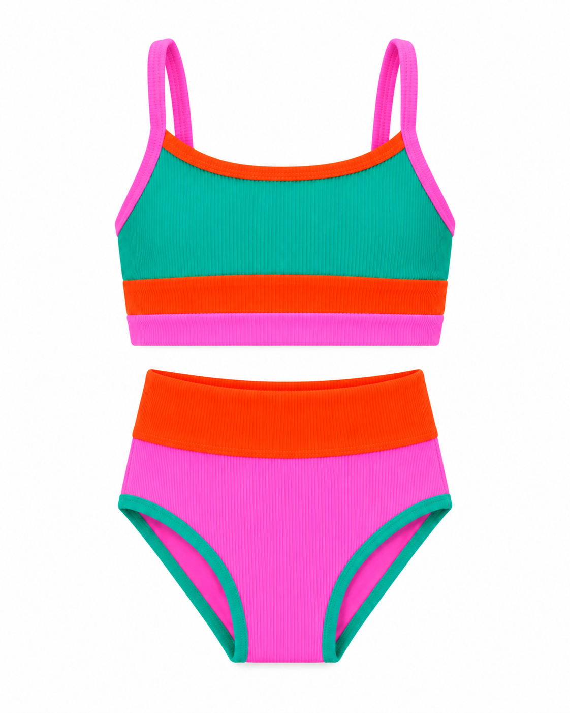 Beach Riot Little Eva and Emmie Pixel Pop ribbed two-piece swimsuit, turquoise pink and orange colorblock, flat lay on white