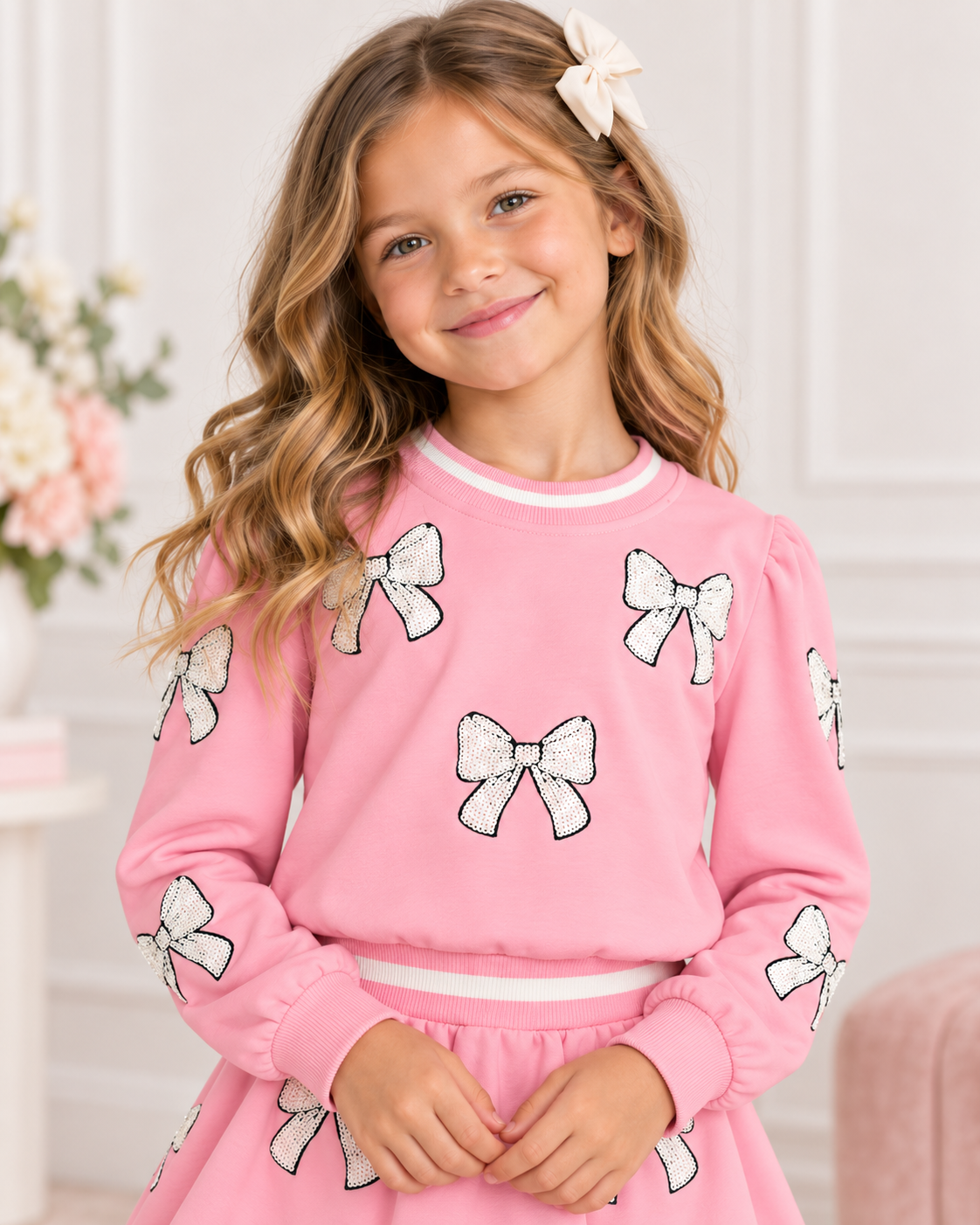 Girl modeling the Belle Cher baby pink sequin bow sweatshirt