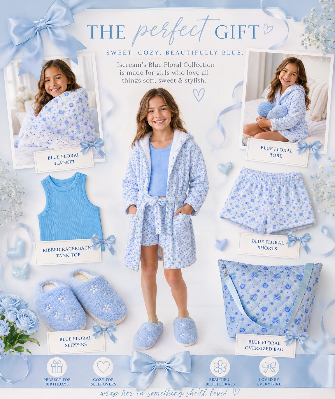 A promotional collage for the Iscream Blue Floral Collection, featuring a young girl modeling a matching blue floral robe and slippers, alongside flat-lay views of coordinating garments and accessories including a blue floral blanket, tank top, shorts, bag, and slippers. The layout includes text, decorative bows, and product labels on a light blue background.