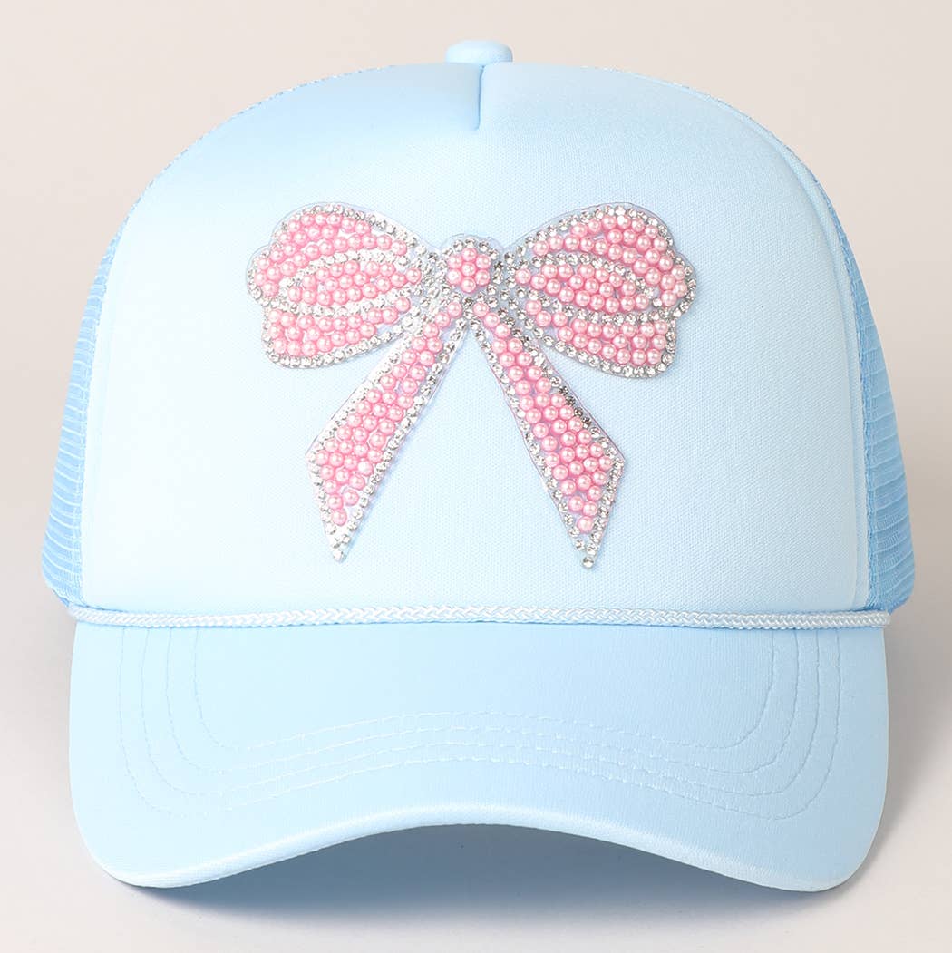 Rhinestone Bow Patch Trucker Hat- Baby Blue