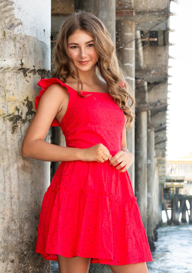 Miss Behave Girls Bianca Dress - Red Eyelet