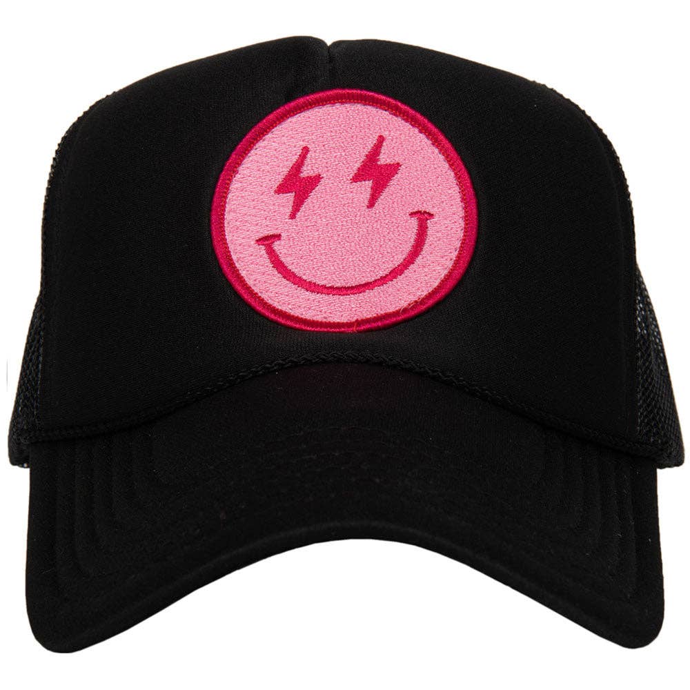 Black With Hot Pink Lightning Happy Face Tween/Adult Trucker Hat - Everything But The PrincessKatydid