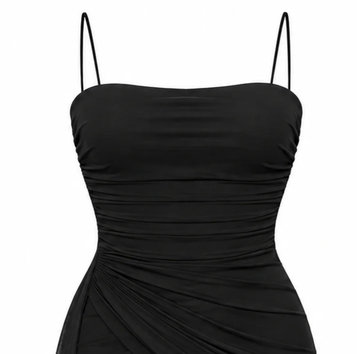 Black tween girls ruched mini party dress with thin spaghetti straps and a gathered sweetheart neckline, shown against a plain white background.