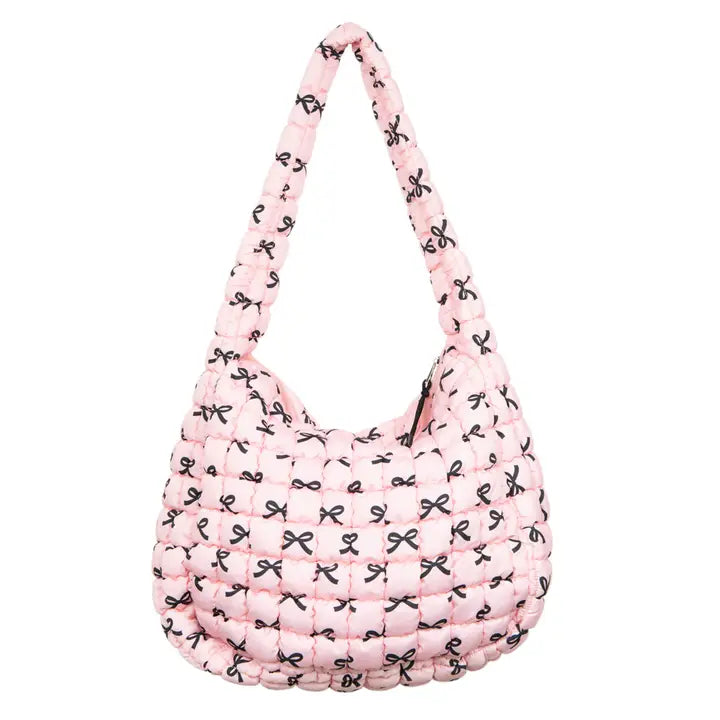 Pink & Black Mini Coquette Bow Oversized Puffer Tote