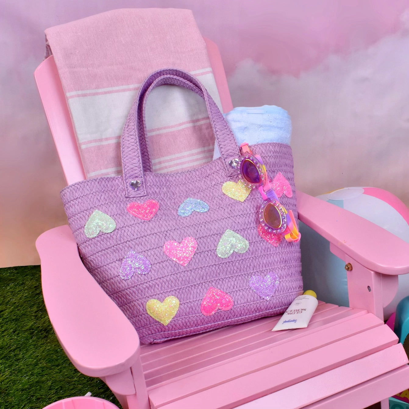 Heart-Patched Purple Straw Tote Bag