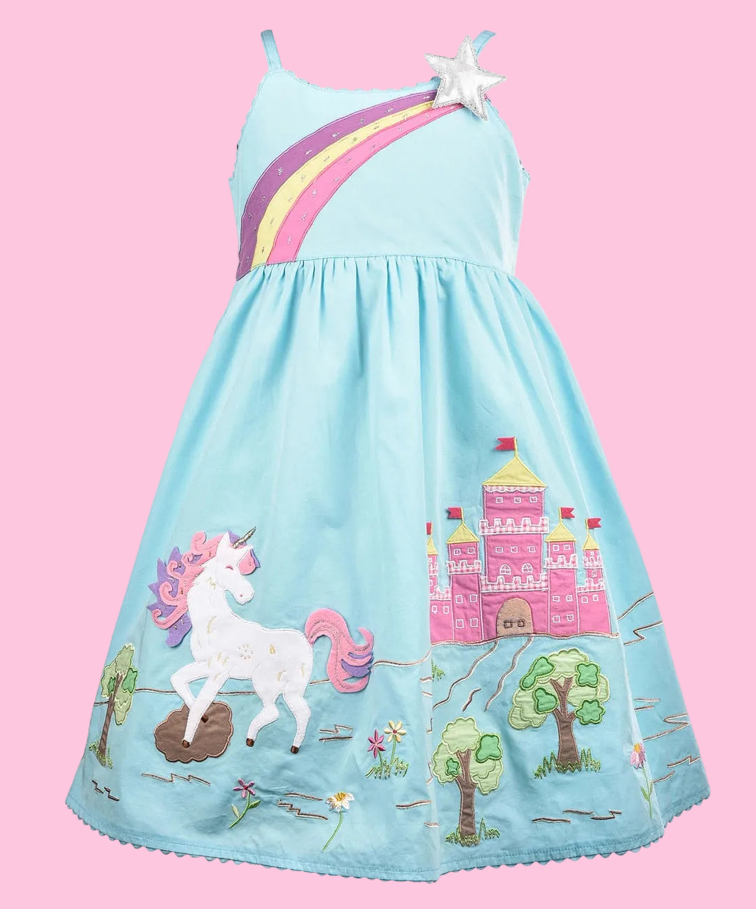 Cotton Kids Aqua Unicorn & Castle Dress