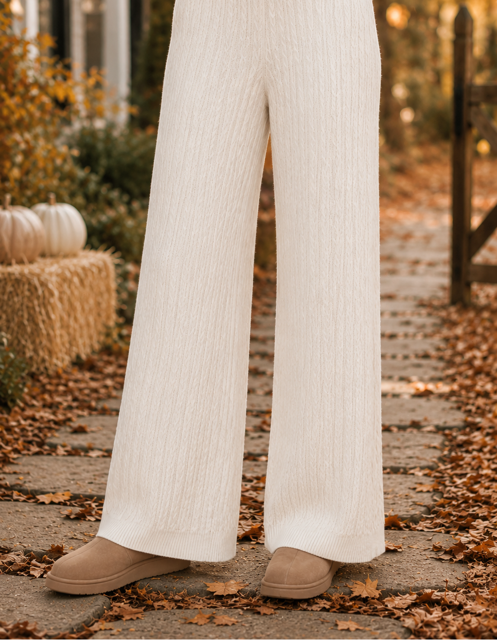 KatieJ NYC Tween Jasmin Wide Leg Knit Pant - Cream Cable Knit