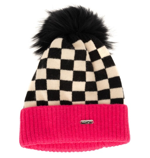 Bari Lynn Black &amp; White Checkered Hot Pink W/ Pompom Hat