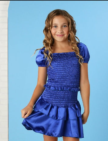 Cheryl Creations Satin Puff Sleeve Smocked Dress - Royal Blue