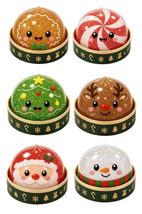 Six round Christmas-themed decorative domes or ornaments displayed in a 3-by-2 grid on a white background. Each dome features a different holiday character or scene: gingerbread man, peppermint candy, Christmas tree, reindeer, Santa Claus, and snowman, all with cute cartoon faces and glittery finishes.