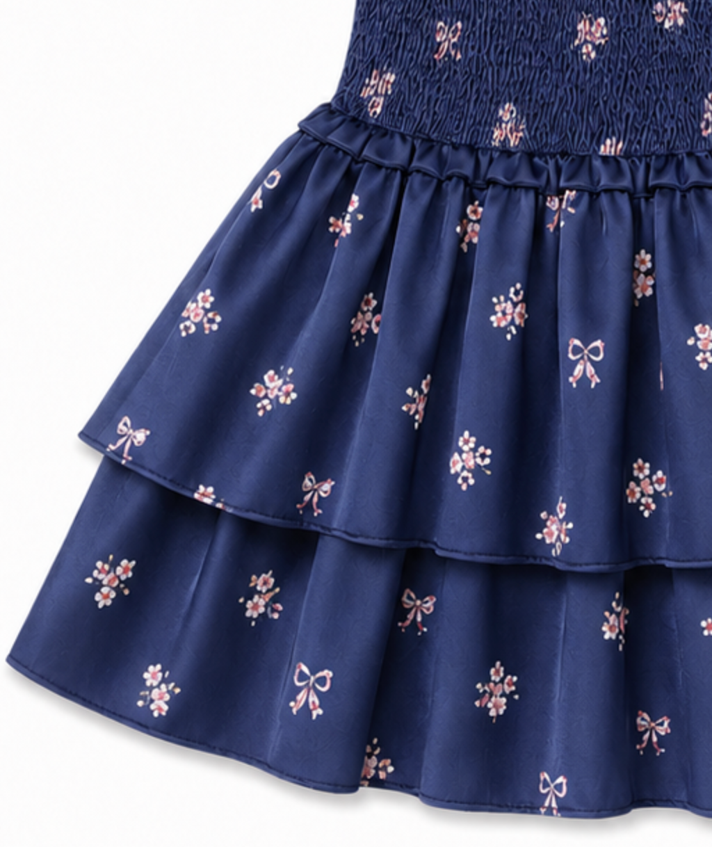 Close-up of a navy blue tiered skirt with a smocked waistband, featuring a delicate pink and white floral and bow pattern.