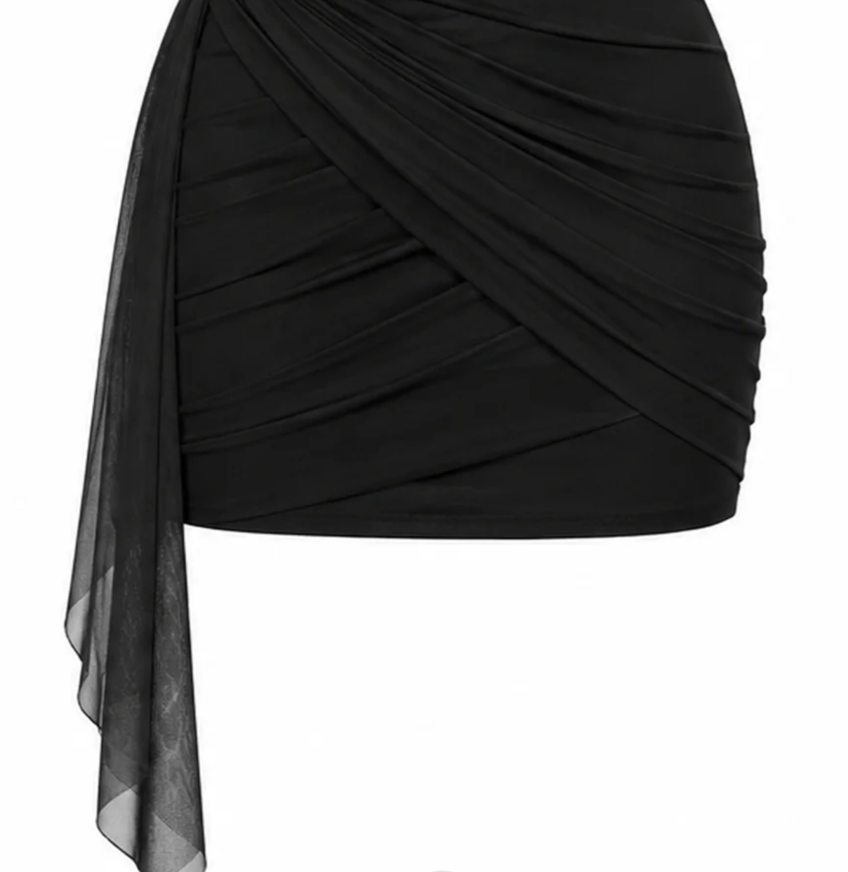 Black draped wrap mini skirt with a sheer side drape, shown on a plain white background.