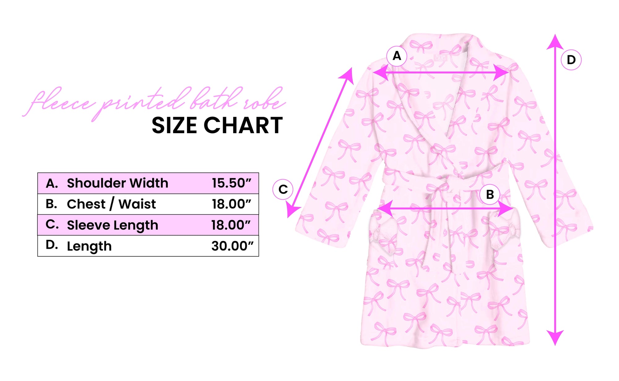 Size chart graphic for a fleece printed bathrobe, showing a light pink robe with a darker pink bow pattern and measurement arrows labeled A, B, C, and D, with a size table on the left.