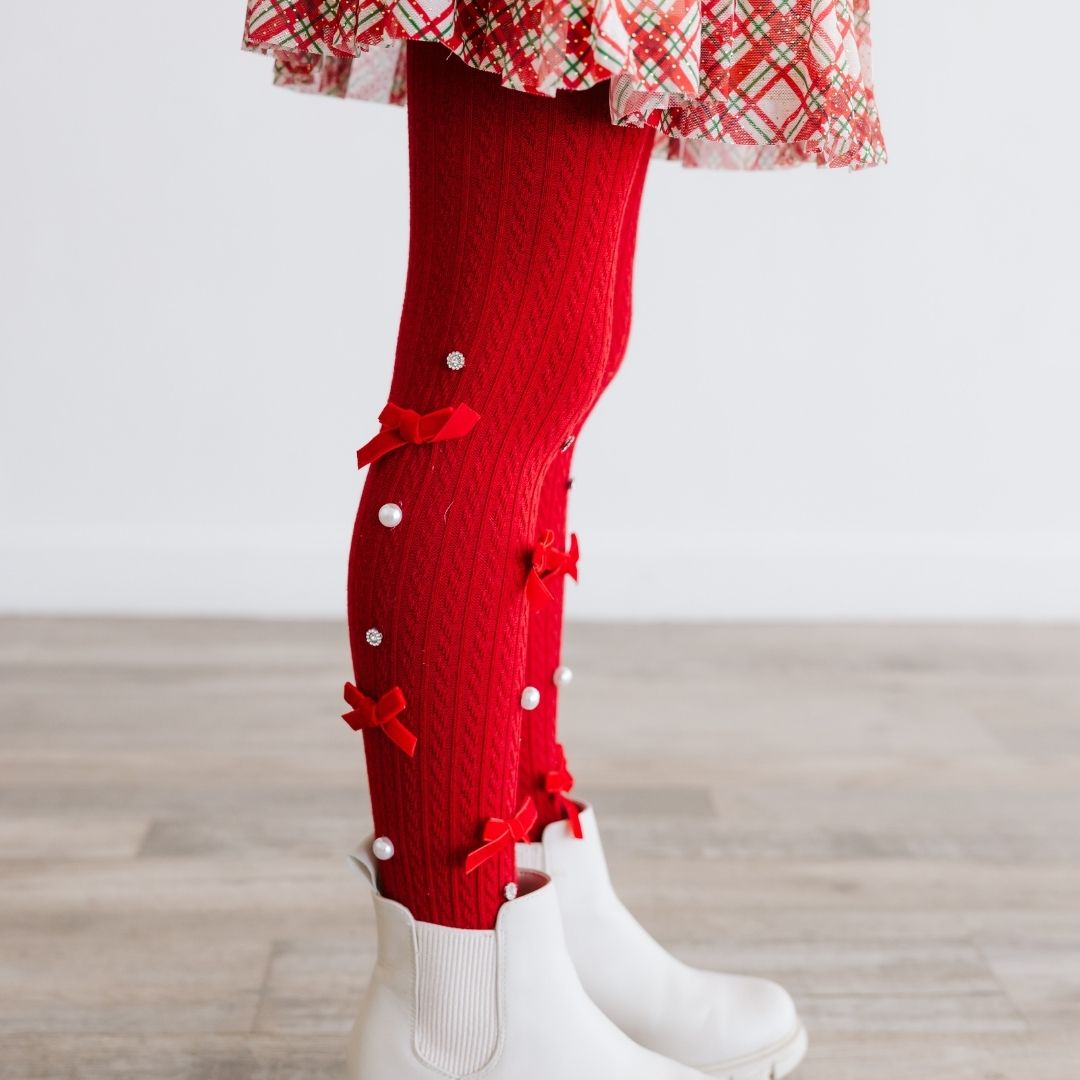 Sweet Wink Red Velvet Bows + Pearls Tights