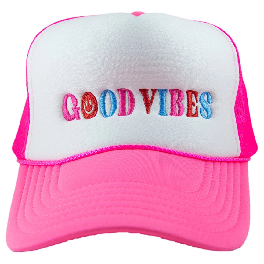 Happy Good Vibes Neon Pink Tween/Adult Trucker Hat