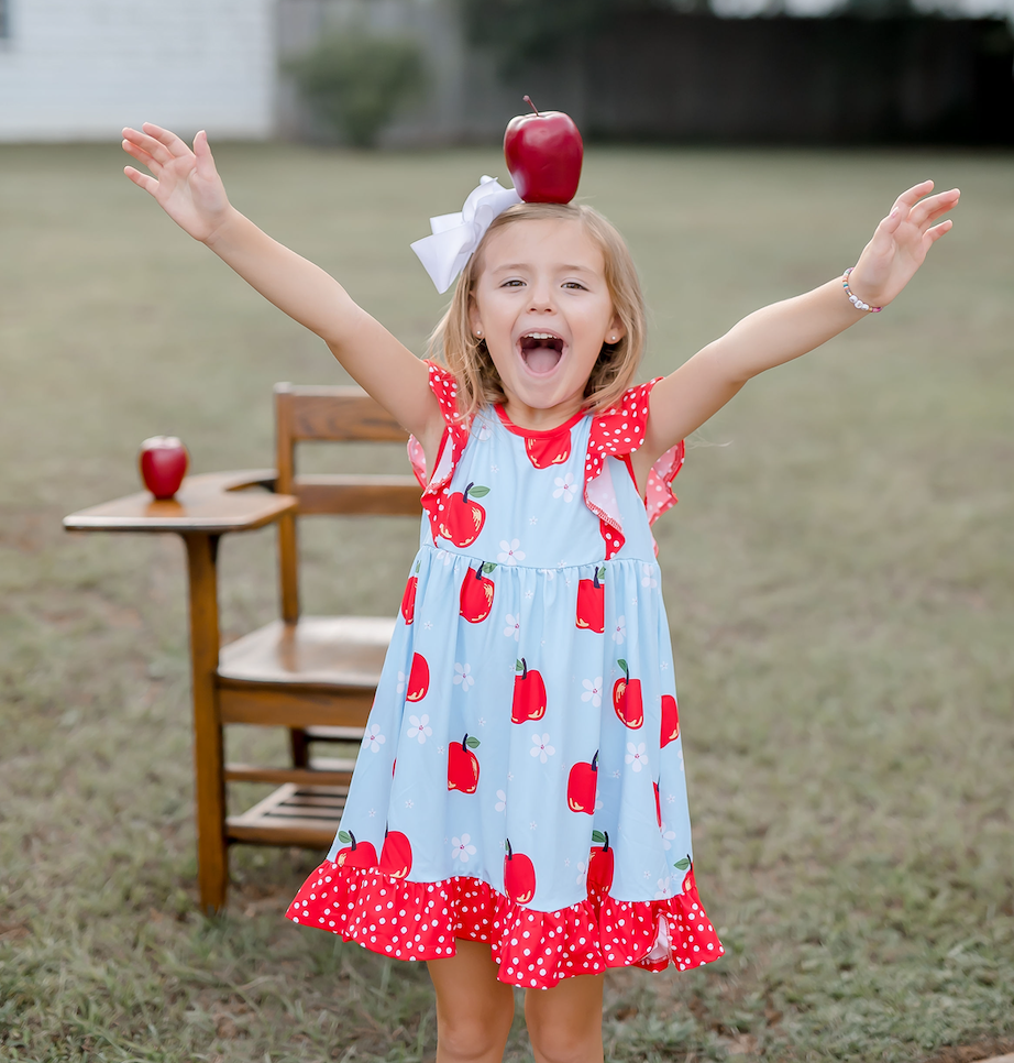 Light Blue Apple Flutter Sleeve Dress & Shorts