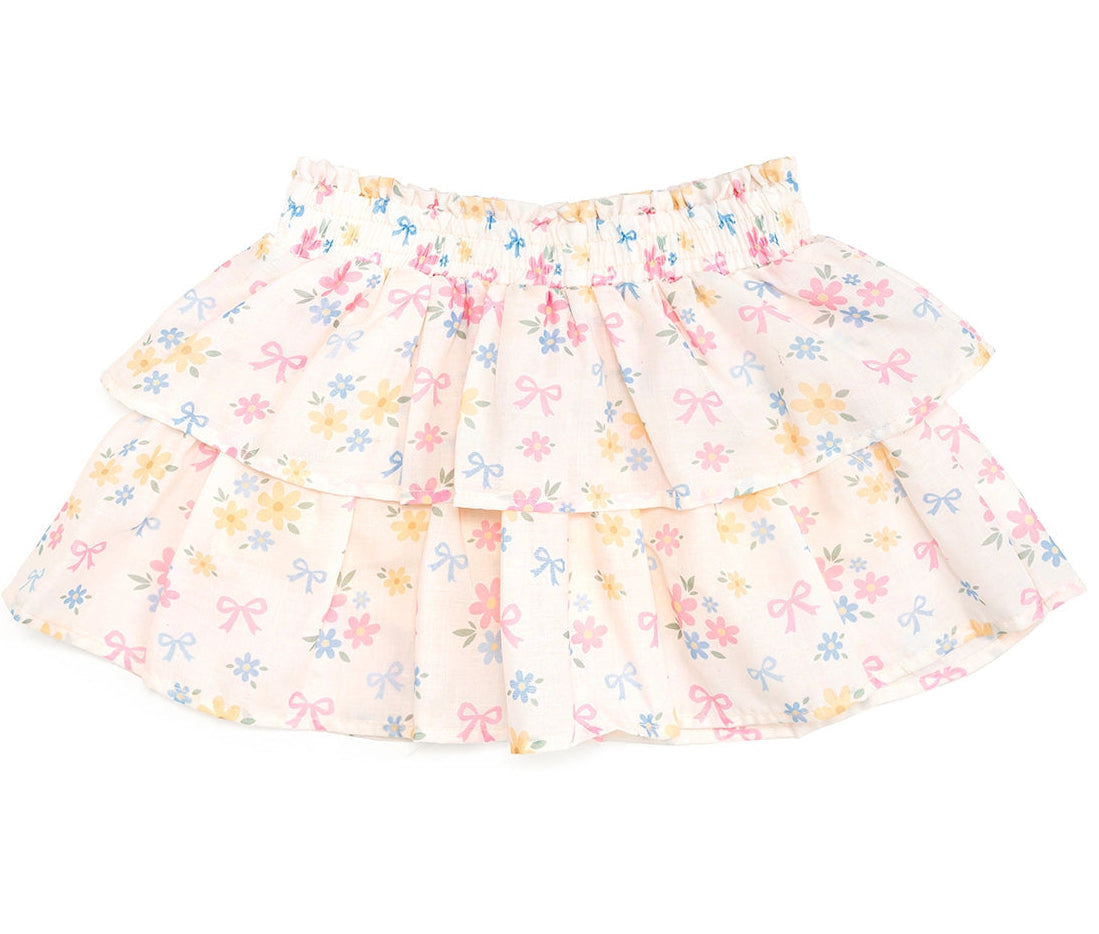 girls Floral skirt with ruffled layers on a white background