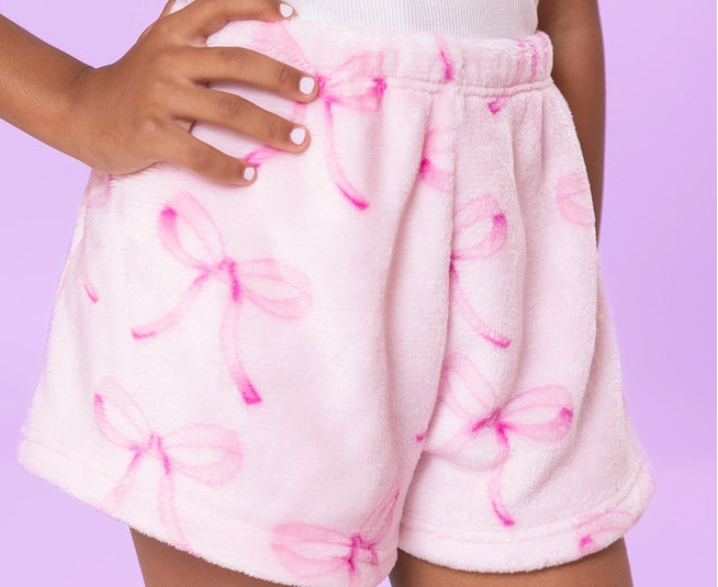 Fleece Printed Cozy Shorts- Pink Bow Print