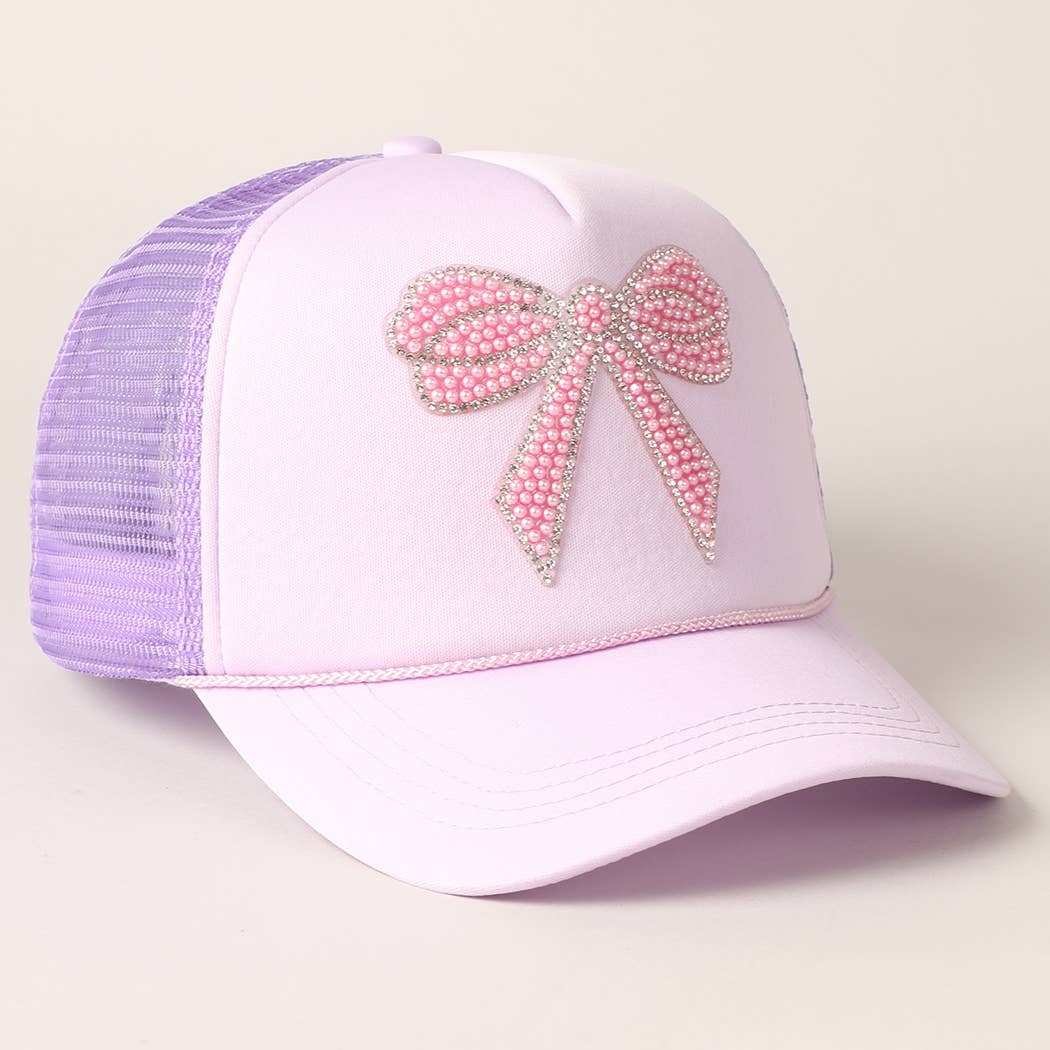 Rhinestone Bow Patch Trucker Hat- Lavender