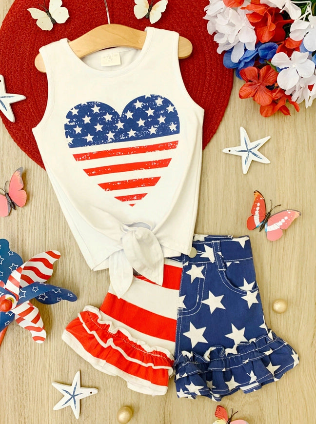 American Heart Graphic Tie Front Top &amp; Ruffle Denim Shorts