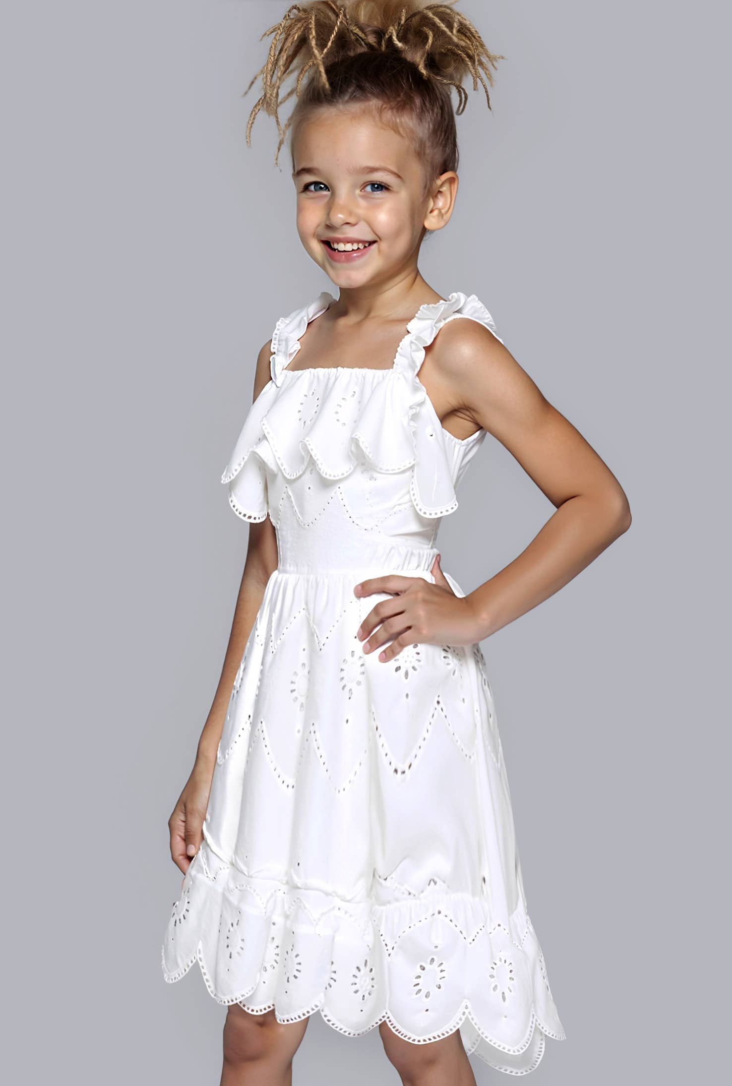 Hannah Banana Eyelet Scalloped Hem Dress - White