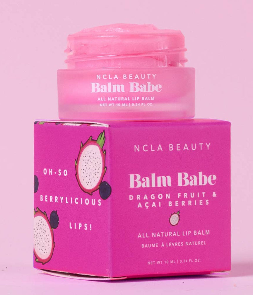 NCLA Beauty Balm Babe lip balm and packaging on a pink background