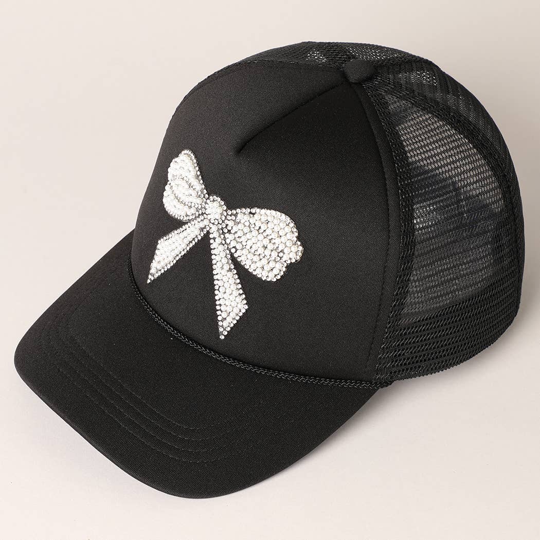 Rhinestone Bow Patch Trucker Hat- Black