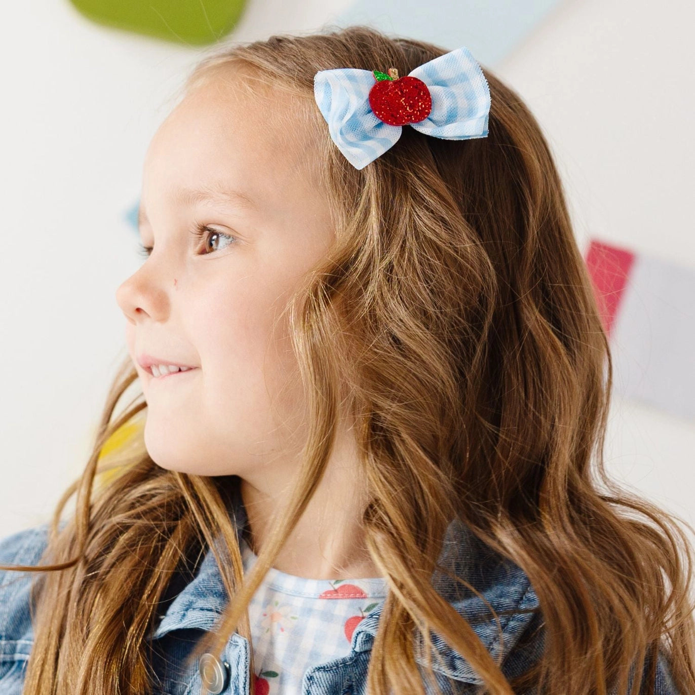 sweet wink girls school themed hair bows with blue gingham and red apples