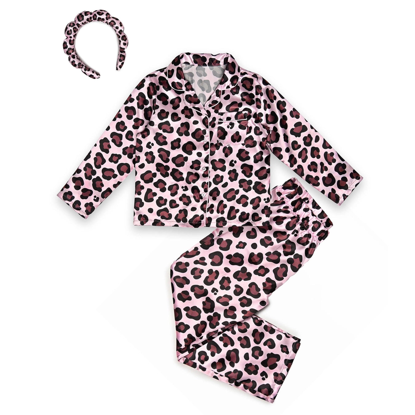 Girls Pink & Chocolate Leopard Satin 3-Piece Lounge Set with Headband