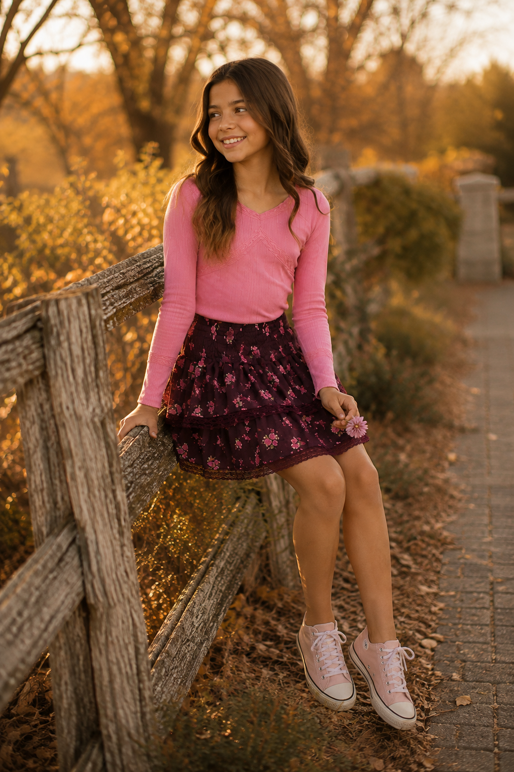 A young girl smiling while leaning on a rustic wooden fence outdoors during golden hour. She is wearing a pink long-sleeve top, a dark purple tiered skirt with a floral pattern, and light pink sneakers.