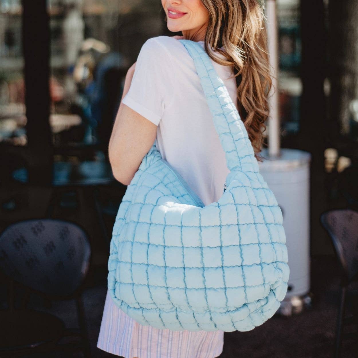 Oversized Quilted Puffer Tote Bag-Light Blue