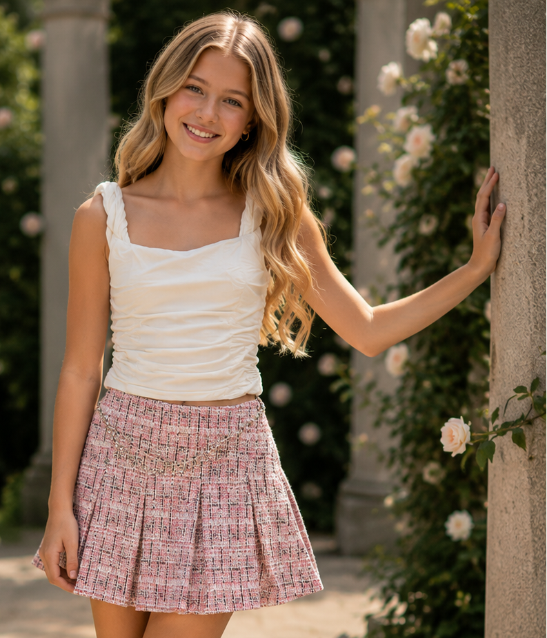 A young woman stands in a sunlit garden walkway between stone columns and rose-covered walls, wearing a white sleeveless top and a pink plaid pleated mini skirt with white sneakers.
