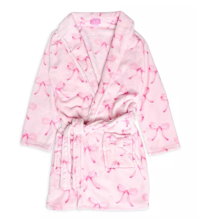Girl wearing pink bow print plush fleece robe