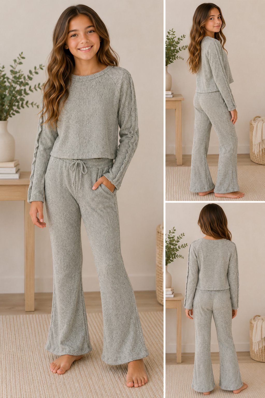 A young girl modeling a light gray heathered two-piece loungewear set in a warm, neutral-toned room. The set includes a long-sleeve crewneck top and matching wide-leg pants.