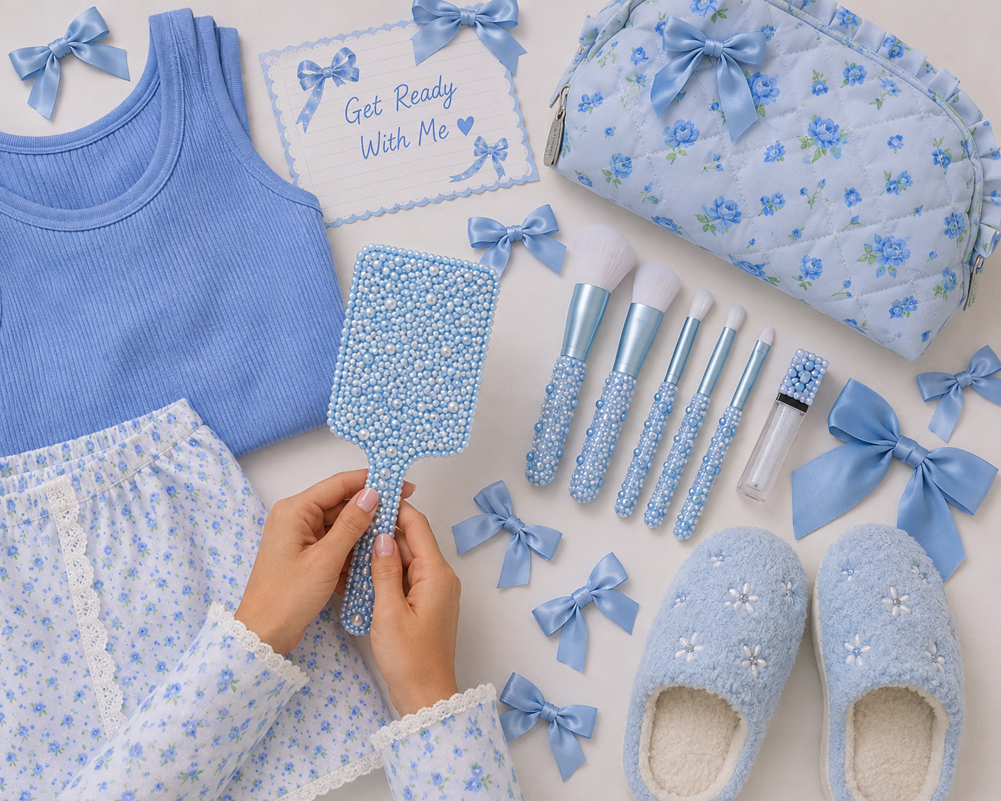 A coordinated girls gift set in soft blue and white floral print, including a ribbed blue tank top, matching floral shorts, a quilted pouch, a hand mirror, makeup brushes, lip gloss, slippers, bows, and a card reading 'Get Ready With Me'. A person's hands are holding the hand mirror.