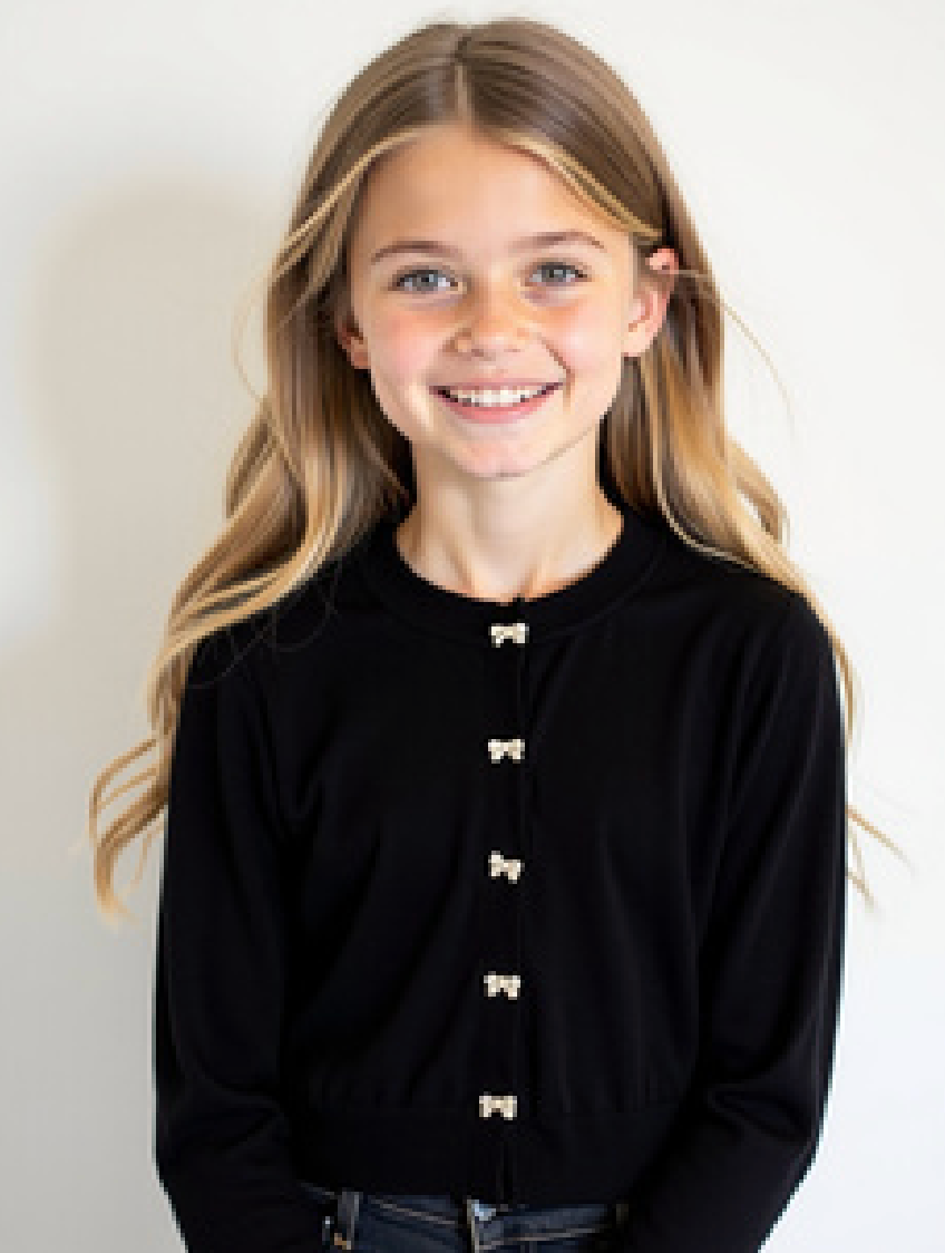 Tween girls' black knit cardigan featuring silver bow-shaped buttons and a waist-length silhouette.
