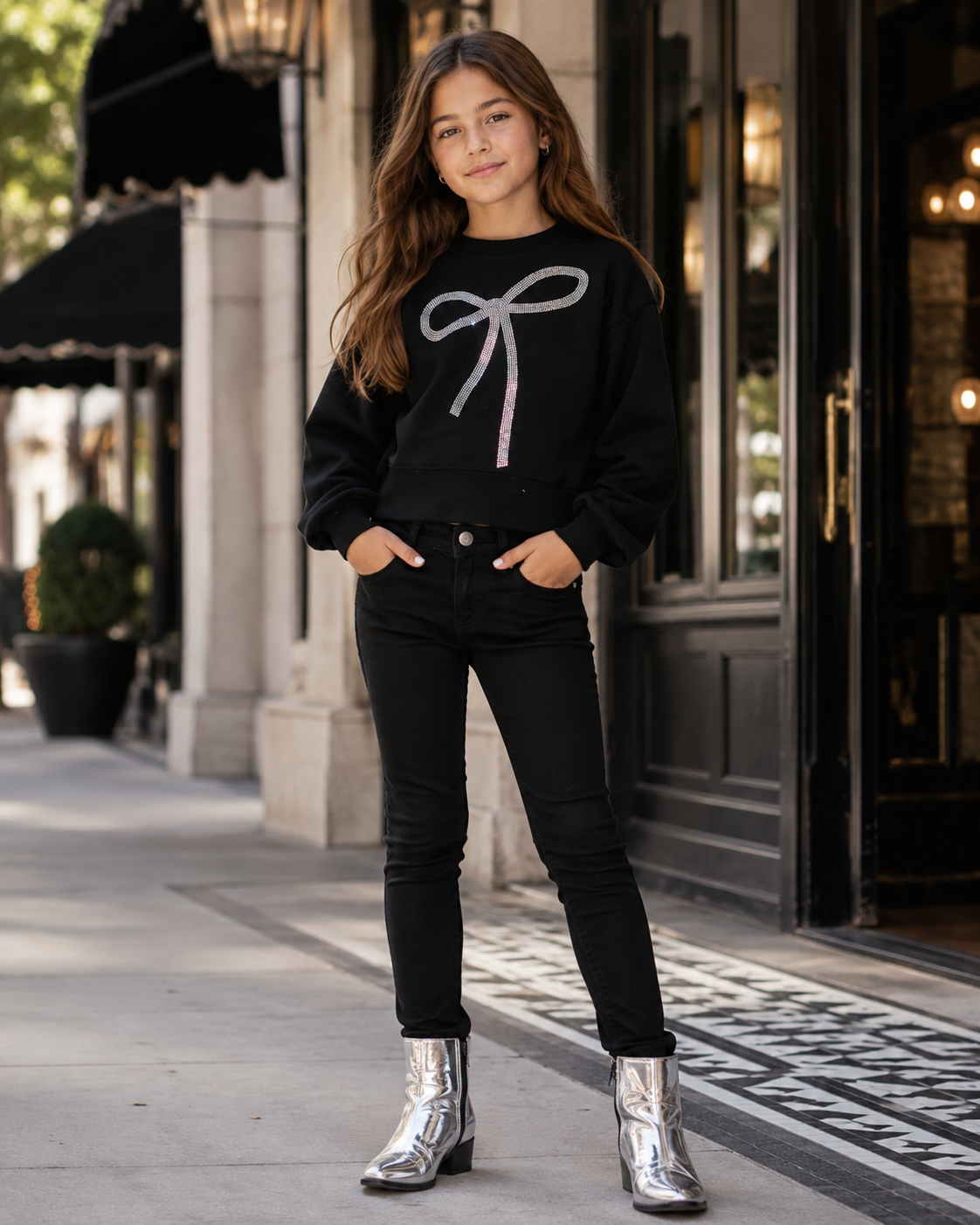 Lola + The Boys black bow sweatshirt with rhinestone detail