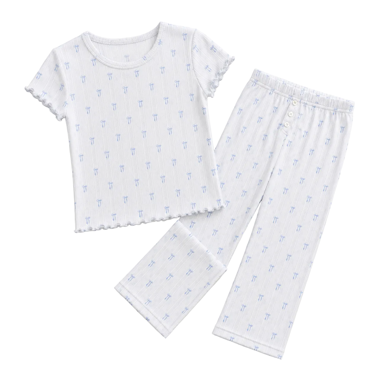 A two-piece children's pajama set featuring a short-sleeve top and matching pants in white ribbed fabric with a light blue repeating monogram pattern, laid flat on a light beige background.