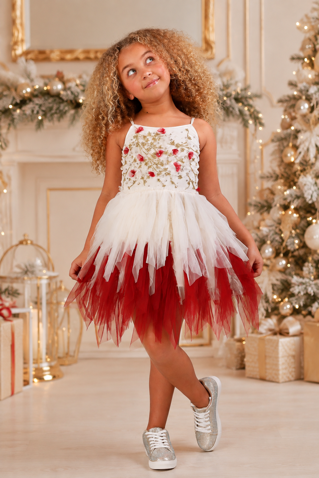 Girl wearing Ooh! La, La! Couture Fleur Emma Dress in ivory and berry