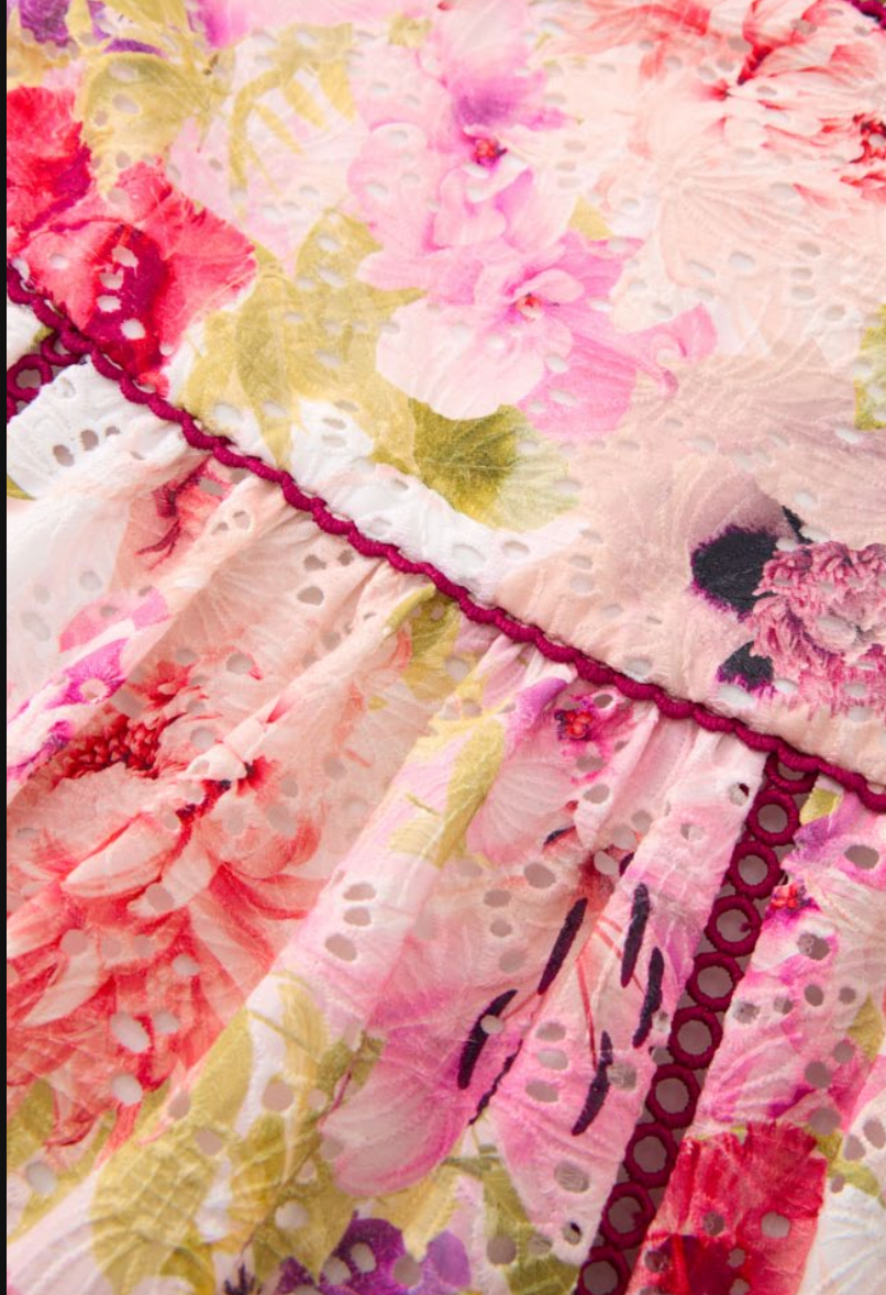 Close-up of a floral eyelet fabric with pink, red, and green tones, featuring a scalloped pink trim and eyelet cutwork.