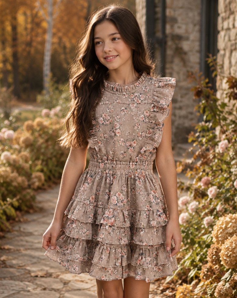 A young girl wearing a tiered, sleeveless ruffle dress in a dusty rose-beige color with intricate floral embroidery, walking along a stone path surrounded by autumn foliage and hydrangeas.